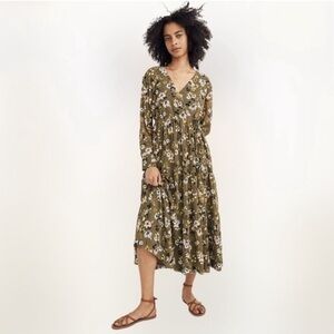 Madewell Cinch-Waist Tiered Midi Dress V Neck Green Floral